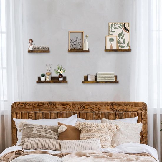 Wandrek, houten rek, 5-delige set, zwevende planken, vintage wandplanken, houten rek voor keuken, kinderkamer, woonkamer