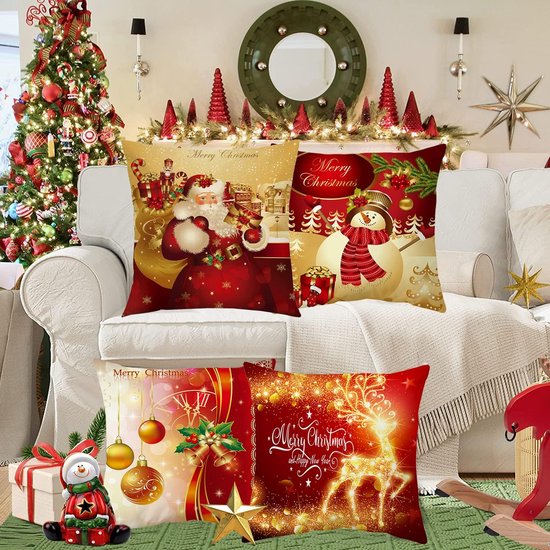 Set van 6 kerstkussenhoezen, rood en goud decoratieve kerstkussenhoezen, kerstsneeuwman rendier kerstman kussenhoes voor bankdecoratie Kerstmis, 45 x 45 cm