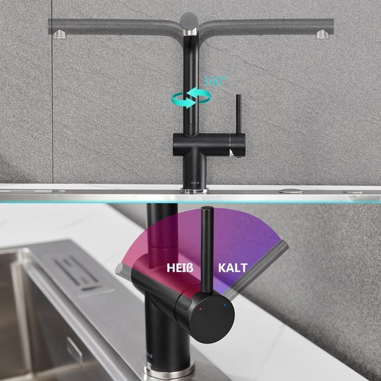 Kraan keuken zwart, keukenkraan met douche uittrekbaar, hogedruk mengkraan keuken armatuur roestvrij staal, L-vorm eengreepsmengkraan spoelbakarmatuur 360° draaibaar met uitloop hoogte 270 mm