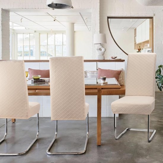 Stoelhoezen, set van 4, universele stretch stoelhoezen, moderne jacquard hoes, afneembare stoelhoes, eetkamerhoes, bi-elastische hoes, voor banketdecoratie en bruiloftsfeesten (beige, set