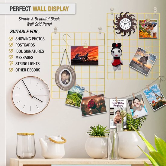 LOYONAL Deco Wandrooster Foto Goud - Metalen Memobord - Wire Wall Grid Panel - Fotowand Van Draadgaas - 2 Pack Grid Photo Wall