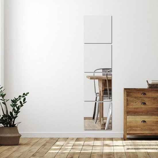 4 stuks HD zelfklevende spiegels van glas, elk 22 x 22 cm vierkante zelfklevende spiegel, spiegeltegels, zelfklevende set voor woonkamer, slaapkamer, kastdeur