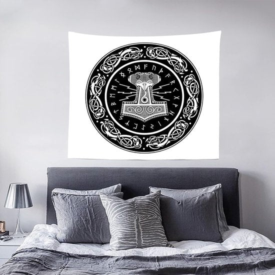 Wandtapijt Thor's hamer Scandinavische meditatie runen dode wanddoek zwart Viking Tapestry Scandinavian Gothic wandkleed slaapzaal slaapkamer 150 x 130 cm