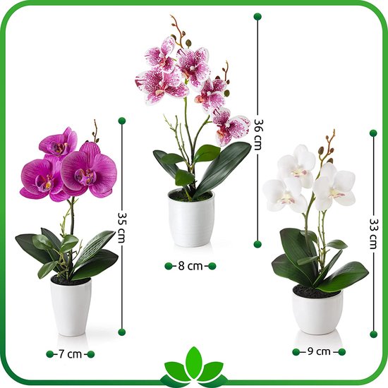 Kunstbloemen in potten: set van 3 orchideeën, kunstmatig op elkaar afgestemd arrangement in hoogglans keramische potten - hoogte 35 cm, kunstbloemen, kunstorchideeën (wit-roze)