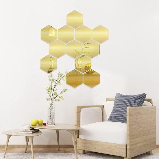 12st Spiegel Muurstickers, Acryl Spiegel Sticker Set, Spiegel muur Decoratie, Verwijderbare, DIY spiegel Stickers voor woonkamer, bank, instelling, wanddecoratie (goud)