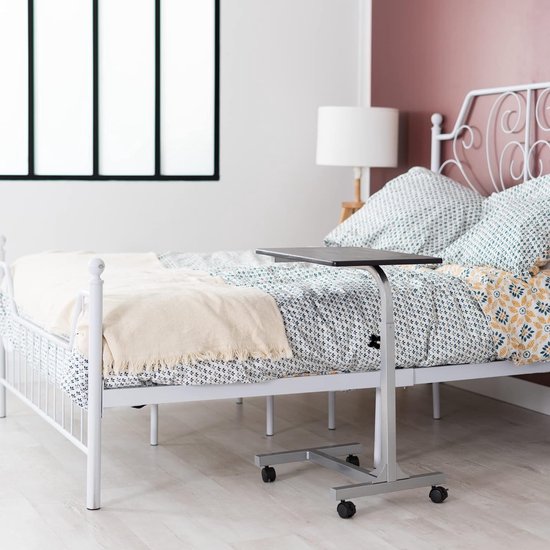 Laptoptafel in hoogte verstelbaar met wielen laptopstandaard bijzettafel slaapbank tafel nachtkastje, metalen frame, houten tafelblad, zwart, 48x37x79 cm