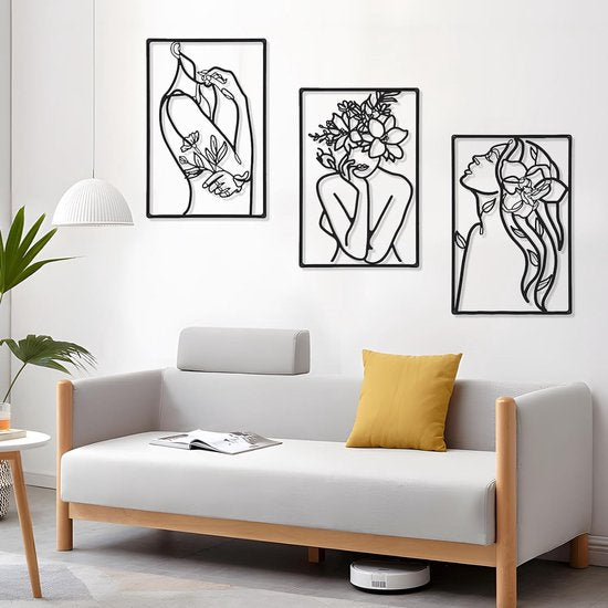 3 stuks 35 x 25 cm wanddecoratie van metaal, waterdichte wandsieraden, wandsculpturen om op te hangen, moderne wanddecoratie, metaal, woonkamerdecoratie, minimalistische muurkunst, abstracte