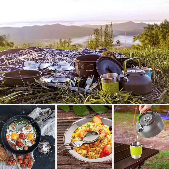 Camping serviesset, kookgerei, set, outdoor kookset, potten, aluminium met theeketel en 3 sets, opvouwbaar, roestvrij staal, bestek, campingpannenset voor 3 personen, outdoor koken