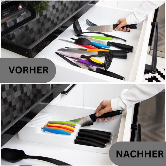 Fresh Mesorganizer voor 18 messen (wit), tweetraps voor de keukenlade of vrijstaand, bestekbak, opbergsysteem keuken, lade-organizer keuken, opbergen, keuken, 39 x 14 cm