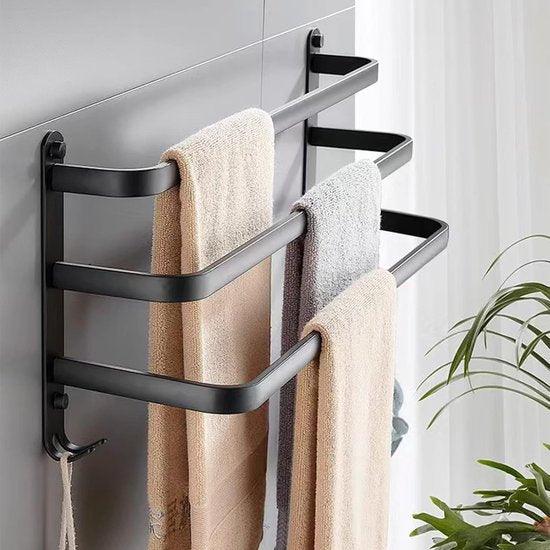 Handdoekrek zwart mat, aluminium handdoekrek zonder boren - wandhanddoekrek, gastendoekrek, badhanddoekrek met 2 haken, handdoekrek voor badkamer, keuken, toilet - 60 cm (3 lagen)