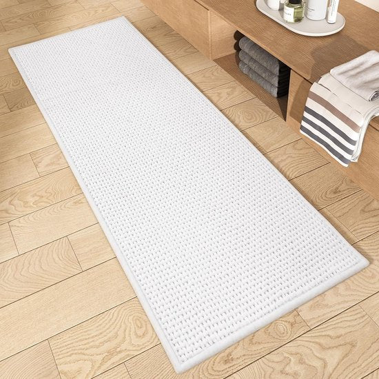 Badmat, antislip, wasbaar, 50 x 120 cm, zacht chenille, badkamertapijt, super absorberend, antislip, machinewasbaar, badmat voor douche, badkamer, bad, wit