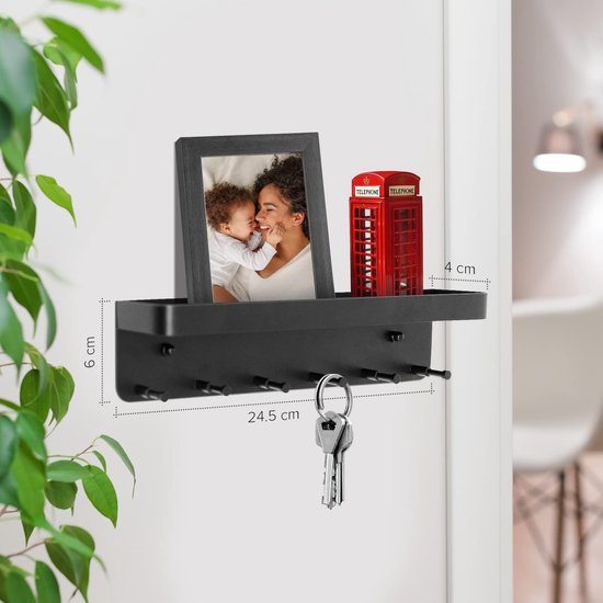 Sleutelrek met legplank in zwart en 6 haken voor sleutels - ruimtebesparende sleutelhouder muur en eenvoudige montage van het sleutelrek zelfklevend zonder boren of boren