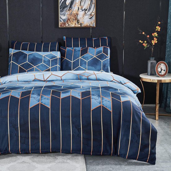 Mitchell Beddengoed, 135 x 200 cm, 4-delig, blauw, geruit, marmer, omkeerbaar beddengoed, geometrische moderne microvezel, 2 dekbedovertrekken met ritssluiting en 2 kussenslopen 80 x 80 cm