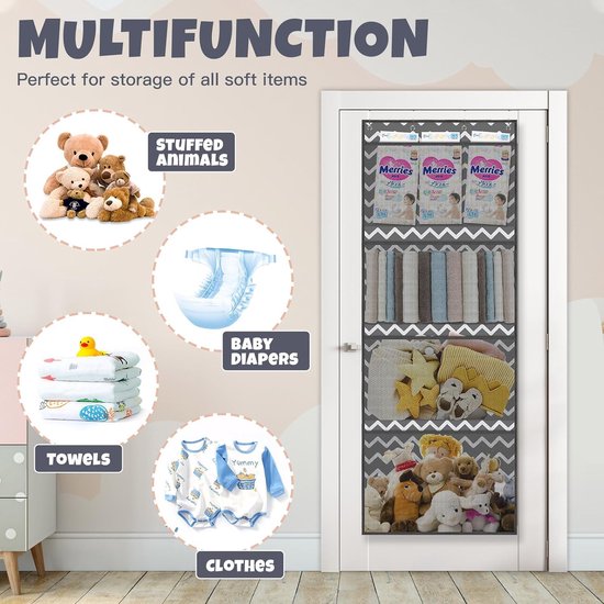 Opslag voor knuffeldieren, boven de deur-organizer voor knuffeldieren, babyaccessoires en vochtige doekjes, ademende hangorganizer met 4 grote vakken voor kinderkamer, slaapkamer, grijs