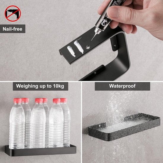 Shower Basket No Drilling Shower Shelf Self-Adhesive Shower Tray with Rustproof Organiser Storage No Damage Tempered Glass Room Aluminium Bathroom Accessories 30 cm Black