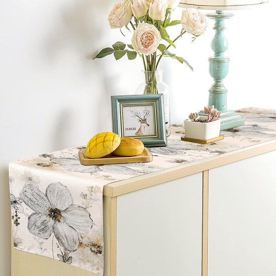 Tafelloper beige bloem 32 x 180 cm wasbaar tafelkleed bloemen planten tafelloper zomer decoratieve tafelloper modern voor eetkamer keuken boerderij bruiloft verjaardag buiten
