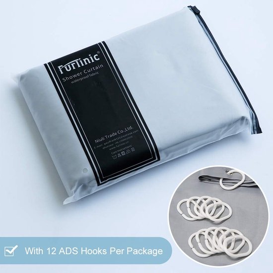 180x180 douchegordijn, schimmelwerend in badkamergordijn voor badkuip, douche, textielgordijnen van stof, waterdicht, wasbaar, met 12 douchegordijnringen, grijs.