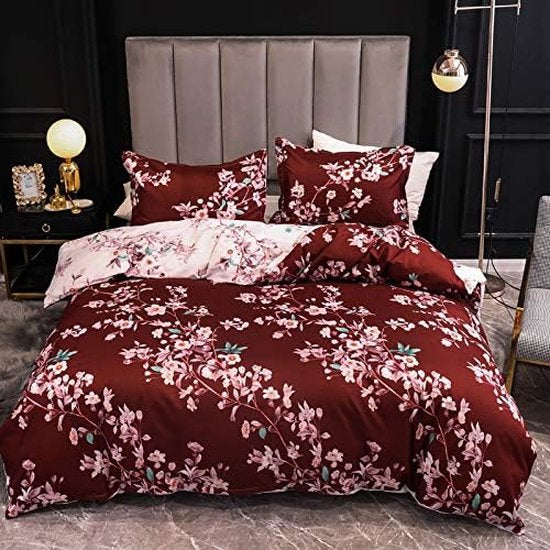 Boqingzhu Beddengoed, bloemen, 155 x 220 cm, roze, planten, rood, wit, omkeerbaar beddengoedset, microvezel, 1 dekbedovertrek en 1 kussensloop 80 x 80 cm, met ritssluiting