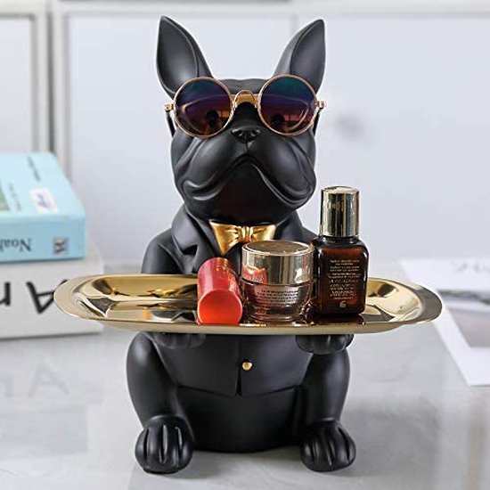 Cool Bulldog sculptuur Frans beeld met roestvrijstalen dienblad, beeldje, tafeldecoratie, mode, huishoudtextiel, multifunctioneel, bureauopslag, zwart