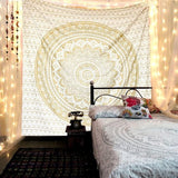 Indisch psychedelisch wandkleed, mandala-motief in wit en goud, boho-stijl, Indisch katoen, 140 x 220 cm