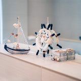 Maritieme badkamerdecoratie set van 3 - stuurwiel, zeilschip en schatkist van hout - liefdevol vormgegeven badkameraccessoires met details (design 2-2)