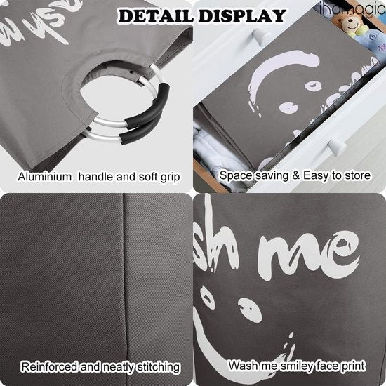 Laundry Hamper with Handles, 91L Freestanding Laundry Container, Foldable, Laundry Bag with Smiley Pattern for Dirty Laundry, Laundry Sorter Storage Basket for Sleeping Room (Dark Grey)