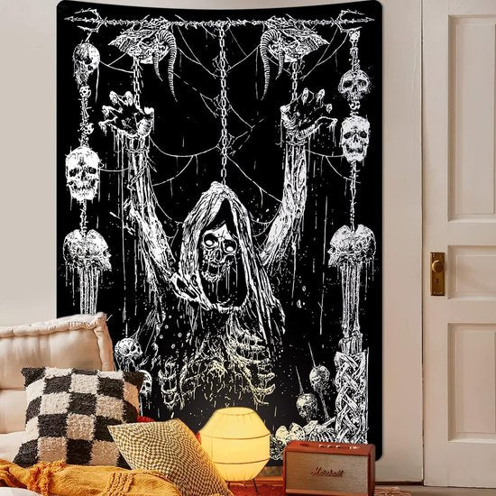 wandtapijt, menselijke schedel wandtapijt, zwart en wit wandtapijt, esthetische stijl, gothic wanddoek, slaapkamer huisdecoratie wanddoek, polyester 150 cm x 130 cm