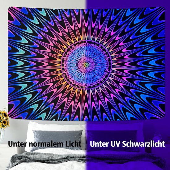 Blacklight kleurrijk kleurrijk mandala wandtapijt, uv-reactieve kunst wanddoek, psychedelisch hippie wandtapijt, esthetisch wandtapijt, huisdecoratie boho wandtapijt voor slaapkamer party,