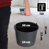 Set van 5 bouwemmers van kunststof, 12L - mortelemmer voor bouwplaats, tuin, cementemmer - stabiele emmer met handgreep, mortelbak, wateremmer met gietrand, poetsemmer, zwart - Set van 5