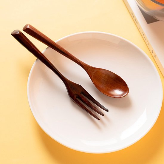 Pak van 6 houten bestekvorkenlepels, kleine vorkenlepels hout, houten keukengerei in Janpanese stijl, cakelepel en vorkset, dessertvorken en lepels, voor keuken thuis restaurant buiten