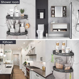 Corner Shelf Shower Basket Shower Shelf No Drilling Shower Shelf Metal with 4 Hooks Shower Shelf Bathroom Shelf with Sticker Bathroom Shelf for Bathroom and Kitchen 2 Levels Grey