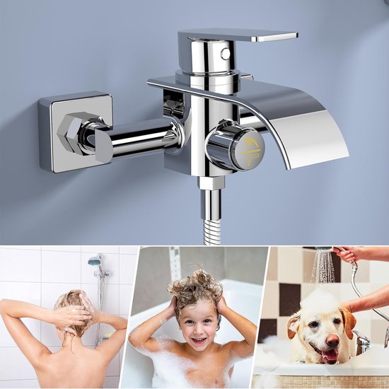 Badkuipkraan, waterval, waterkraan, badkuip, mengkraan met drukschakelaar, eenhandsbadarmatuur van messing, badarmatuur, opbouwbadkraan voor badkamer, chroom