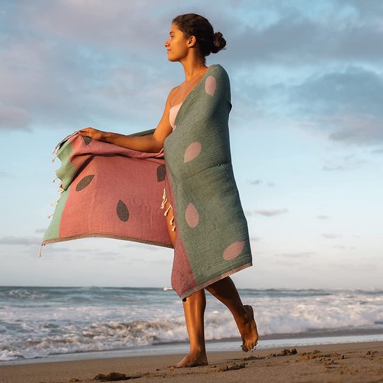 XXL strandhanddoek, groot, katoen Oeko-Tex®, 180 x 90 cm, handdoek, saunahanddoek, badhanddoek, hamamdoek, kleurrijk, zacht, licht, voorgewassen, dames, heren, strand, sauna, watermeloen-rood, 180 x 90 cm