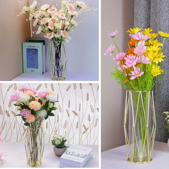 Gouden vazen, decoratie voor pampasgras, vaas met metalen frame, 22 cm, geometrische decoratieve vaas, grote cilindervazen, voor woonkamer, bruiloft, tafel, badkamer, eettafel