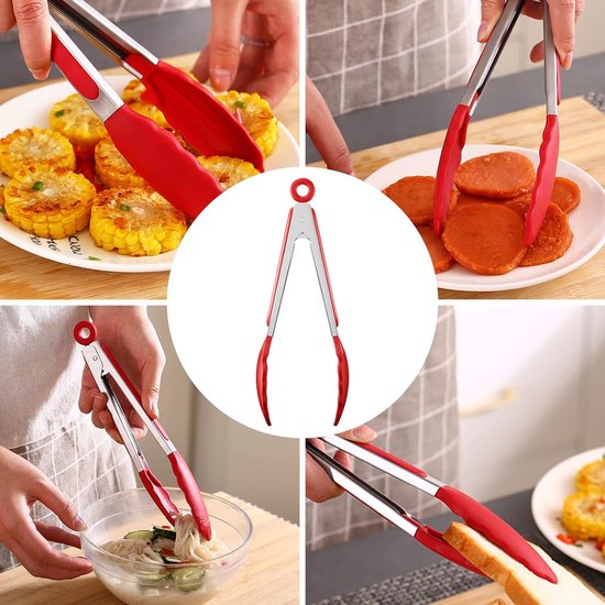 Keukentang roestvrij staal, 22,4 cm, barbecue-tang, keukentang van siliconen, levensmiddelenkwaliteit, met slot en antislip handgreep, keukengerei-accessoires voor pasta, vlees, gehaktballen