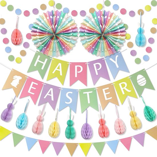 Premium herbruikbare paasdecoratie, paashaas & paaseieren decoratie, honingraatpapier, paasslinger, paashaas, paaseieren om op te hangen, paasdecoratie, modern/decoratie, lente/pastel feestdecoratie
