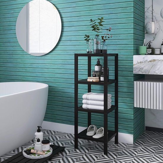 Badkameropbergrek, 4 niveaus, bamboerek, organizer, multifunctioneel rek voor woonkamer, slaapkamer, keuken (zwart)