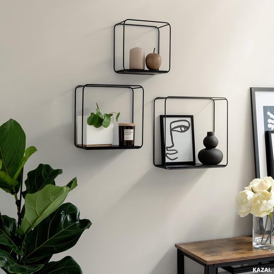 Wandrekset, 3-delig hangrek van metaal en echt hout Veneer, wanddecoratie en plank voor badkamer, woonkamer, keuken, slaapkamer en meer, mat zwart