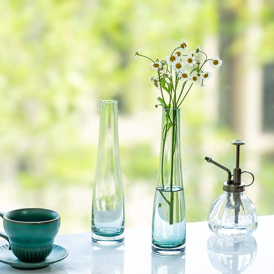 Kleine glazen vaas voor bloemen, 2 stuks groene eenvoudige knop vaas lange dunne smalle nek vazen voor thuis woonkamer kantoor indoor decor bruiloft tafel desktop centrepieces