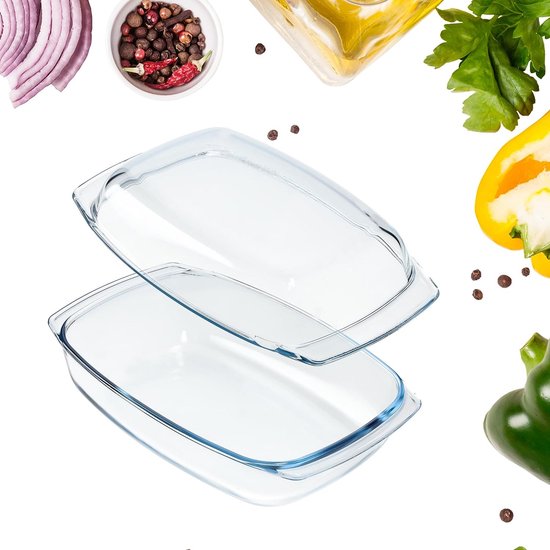 Ovenschotel van hittebestendig glas - vuurvast vat, glazen braadpan met deksel en handgrepen- servies om te braden, oven, elektrisch fornuis, voor lasagne & vlees - transparant, rechthoekig, 5L