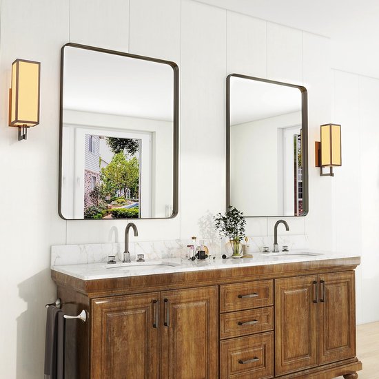 wandspiegel, 75 x 50 cm luxe high-end ronde hoek badkamerspiegel, wandspiegel, horizontaal of verticaal opgehangen, zwart wandspiegel, 75 x 50 cm luxe high-end ronde hoek badkamerspiegel, wandspiegel, horizontaal of verticaal opgehangen, zwart