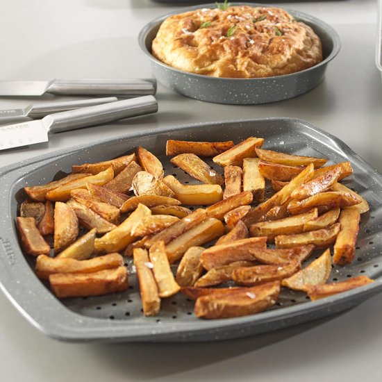 38 cm marmeren frietbak, geperforeerde bakplaat voor frietjes, rechthoekig, ovenbak, grijs koolstofstaal, gemakkelijk schoon te maken antiaanbaklaag, koekjesbak, PFOA-vrij