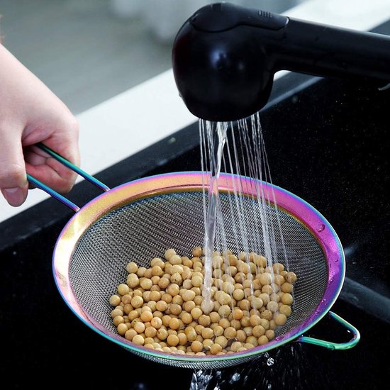Rainbow Fine Mesh zeef, 3-delige set, kleurrijke meelzeef om te bakken, roestvrijstalen reiniger, veelkleurige matcha-theezeef, sausscheider, stasher-zeef-pastazeef