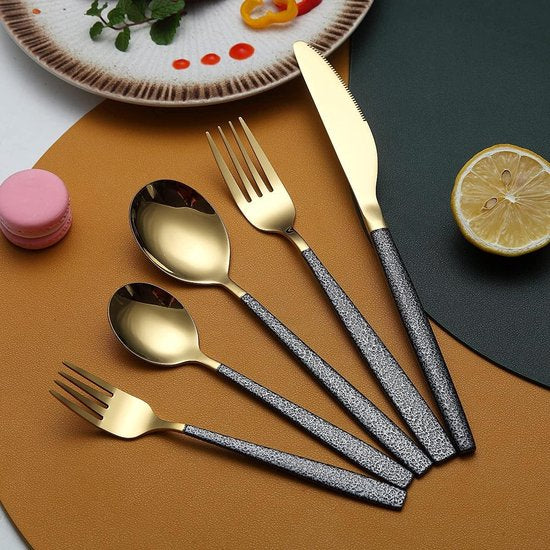 Bestekset, 30 stuks, glanzende gouden kopcoating met zwarte Marsgreep, roestvrij staal, titanium coating, messen, lepels, vorken, bestekset, bestekset voor 6 personen