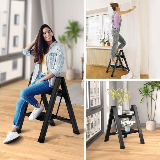 Trapladder, 2 treden inklapbaar aluminium vouwtrap, trapladder met breed anti-slip pedaal, draagbare vouwladder, opvouwbaar, huishoudelijk opstap, lichte staande ladder tot 150 kg, zwart