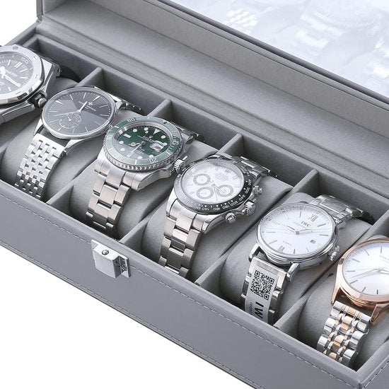 Horlogedoos, horlogedoos voor heren, voor 6 horloges, met glazen venster, horloge-opslag van PU-leer en fluweel, voor horloges en sieraden (grijs-W04G)