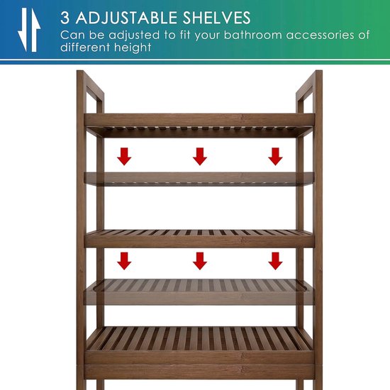Toiletrek, bamboe wc-rek, verstelbaar wasmachinerek, badkamerrek met 3 legplanken, ruimtebesparend, eenvoudig te monteren, walnoot