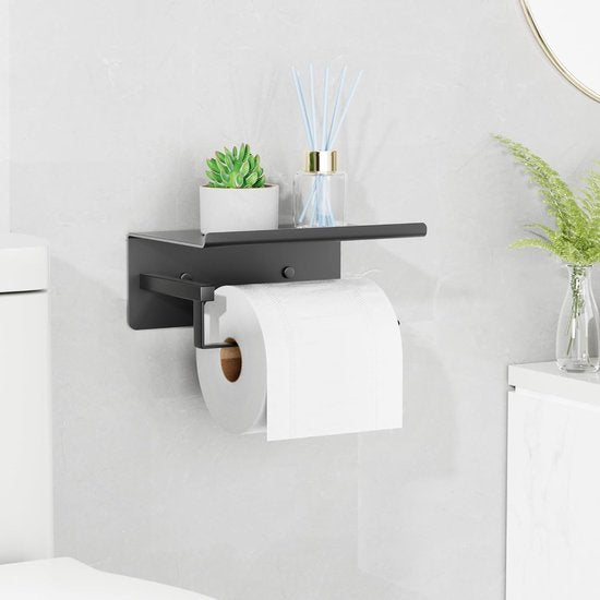 Toilet Paper Holder Toilet Paper Holder No Drilling Toilet Paper Holder Black Toilet Roll Holder Self-Adhesive Toilet Paper Holder with Shelf Toilet Paper Holder