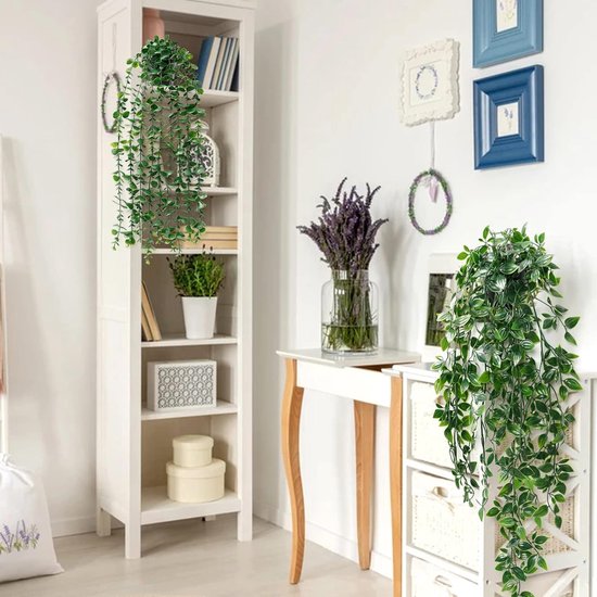 2 stuks kunstmatige hangplanten met potten, 50 cm lange kunstmatige klimopranken, eucalyptusbladeren, mandala, groene potplanten voor thuis, binnen en buiten, decoratie