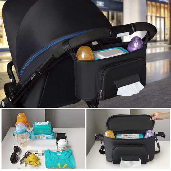 Baby multifunctionele tas, kinderwagen opbergtas, luiertas hangende kinderwagen kledinghanger, met klittenbandsluiting, waterdicht, universeel